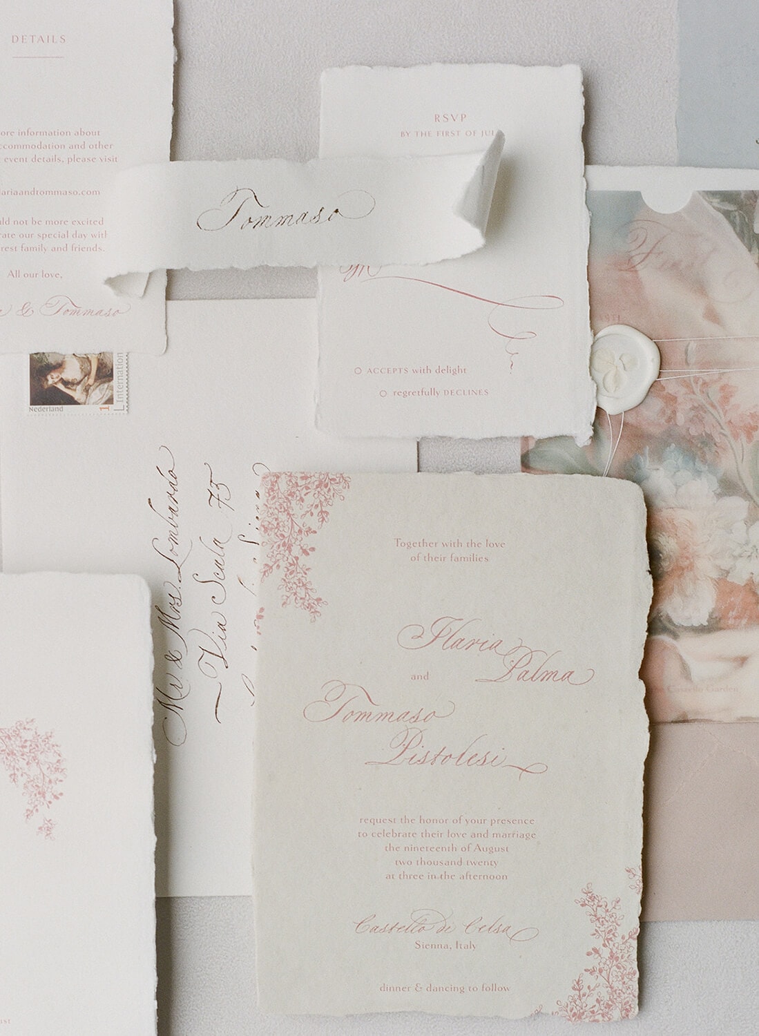 Fine art trouwkaart op handgeschept papier, vellum en lakzegels - Castelo di Celsa,Italië
